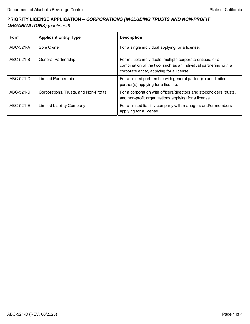 Form ABC-521-D Priority License Application - Corporations (Including Trusts and Non-profit Organizations) - California, Page 4