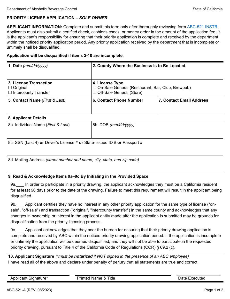 Form ABC-521-A Priority License Application - Sole Owner - California, Page 1