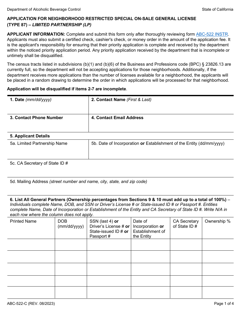 Form ABC-522-C Application for Neighborhood Restricted Special on-Sale General License (Type 87) - Limited Partnership (Lp) - California, Page 1