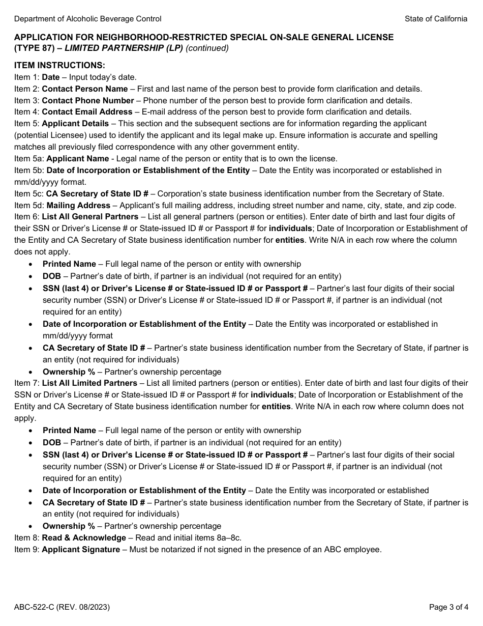 Form ABC-522-C Application for Neighborhood Restricted Special on-Sale General License (Type 87) - Limited Partnership (Lp) - California, Page 3