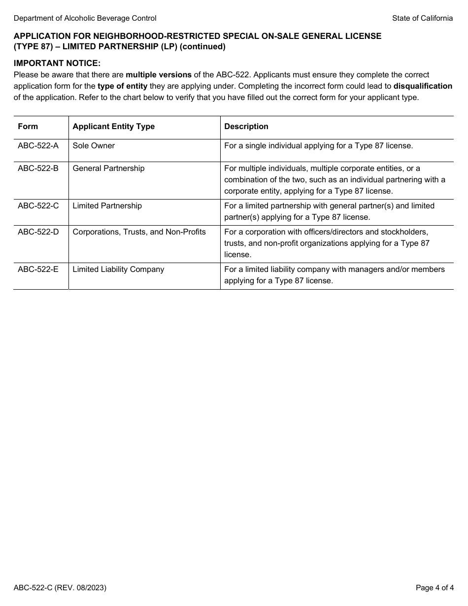 Form ABC-522-C Download Fillable PDF or Fill Online Application for ...