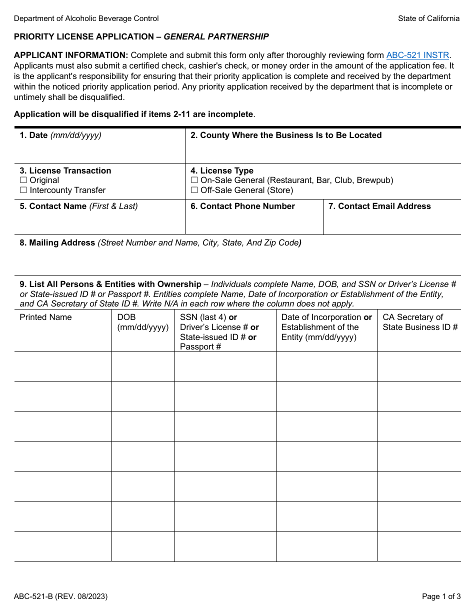 Form ABC-521-B Priority License Application - General Partnership - California, Page 1