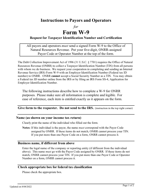 Instructions for IRS Form W-9 Request for Taxpayer Identification Number and Certification (Instructions to Payors and Operators)