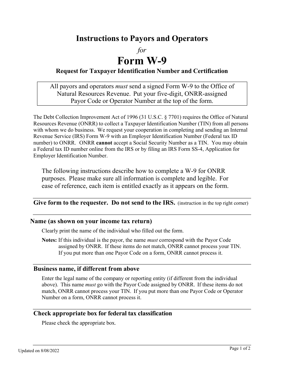 Instructions for IRS Form W-9 Request for Taxpayer Identification Number and Certification (Instructions to Payors and Operators), Page 1