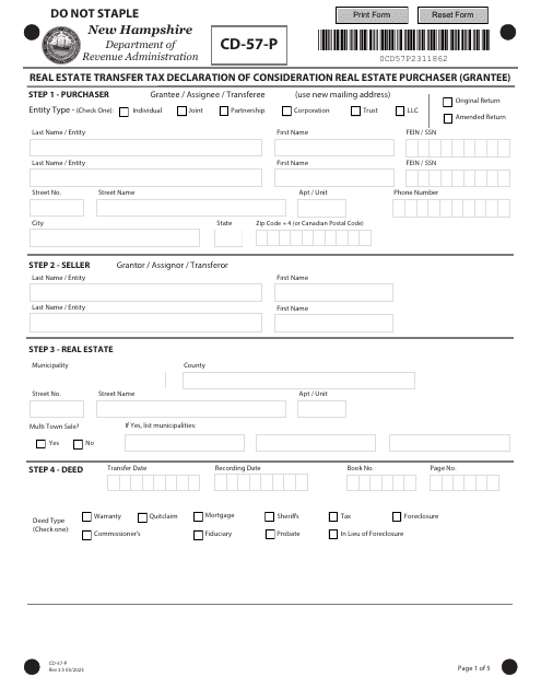 Form CD-57-P Real Estate Transfer Tax Declaration of Consideration Real Estate Purchaser (Grantee) - New Hampshire