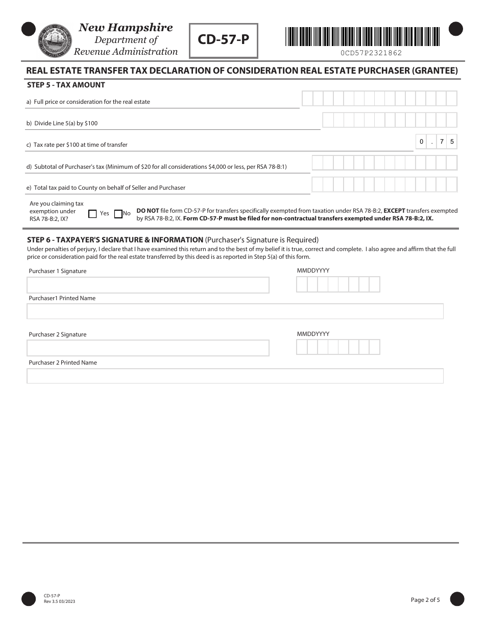 Form CD-57-P Real Estate Transfer Tax Declaration of Consideration Real Estate Purchaser (Grantee) - New Hampshire, Page 2