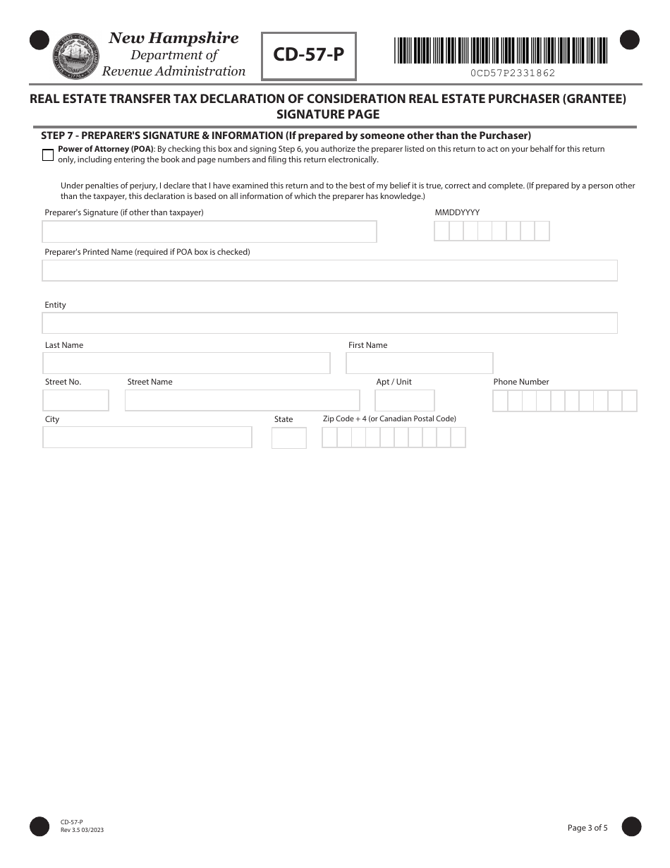 Form CD-57-P Real Estate Transfer Tax Declaration of Consideration Real Estate Purchaser (Grantee) - New Hampshire, Page 3