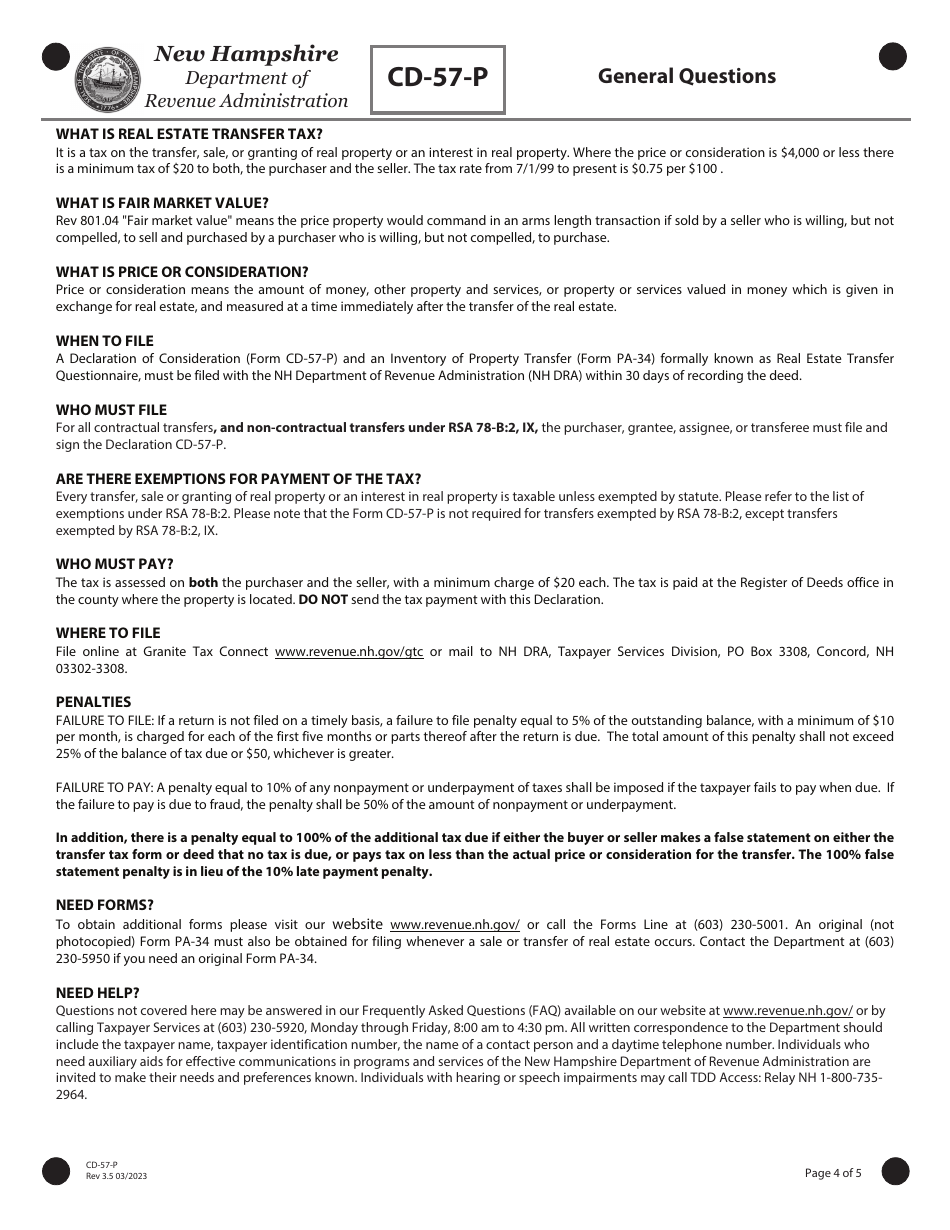 Form CD-57-P Real Estate Transfer Tax Declaration of Consideration Real Estate Purchaser (Grantee) - New Hampshire, Page 4