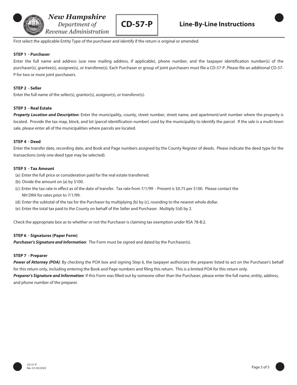 Form CD-57-P Real Estate Transfer Tax Declaration of Consideration Real Estate Purchaser (Grantee) - New Hampshire, Page 5