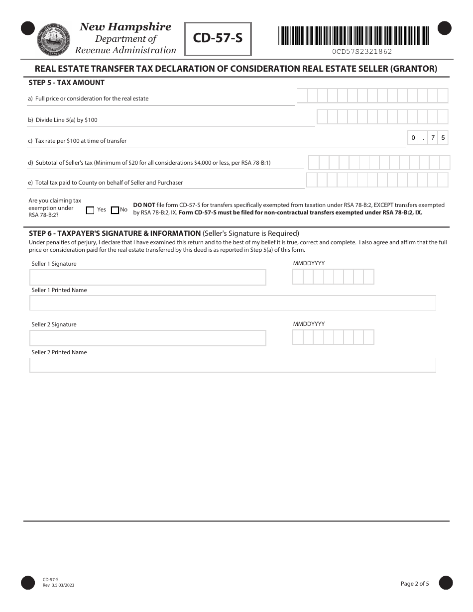 Form CD-57-S Real Estate Transfer Tax Declaration of Consideration Real Estate Seller (Grantor) - New Hampshire, Page 2