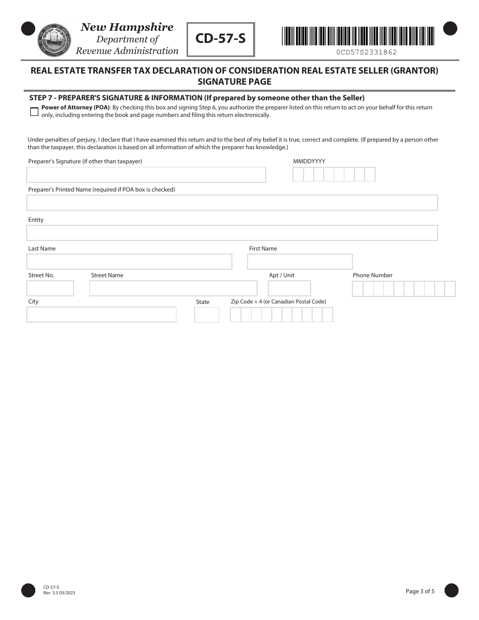 Form CD-57-S Real Estate Transfer Tax Declaration of Consideration Real Estate Seller (Grantor) - New Hampshire, Page 3