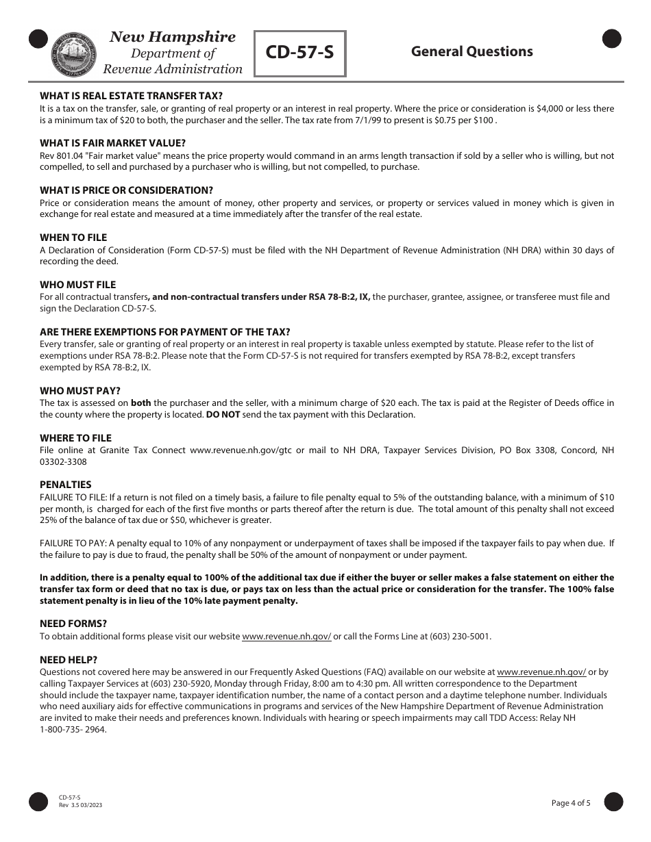 Form CD-57-S Real Estate Transfer Tax Declaration of Consideration Real Estate Seller (Grantor) - New Hampshire, Page 4