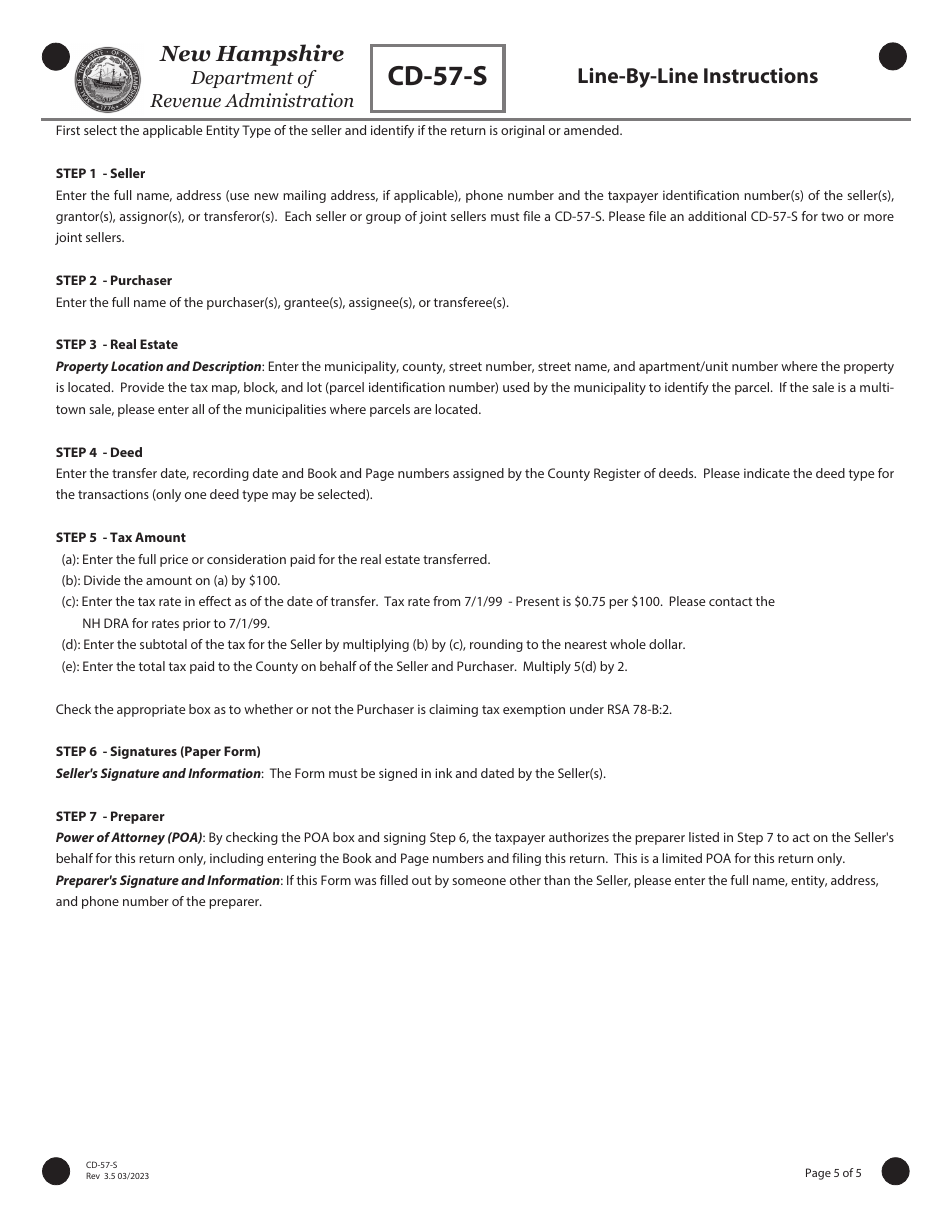 Form CD-57-S Real Estate Transfer Tax Declaration of Consideration Real Estate Seller (Grantor) - New Hampshire, Page 5