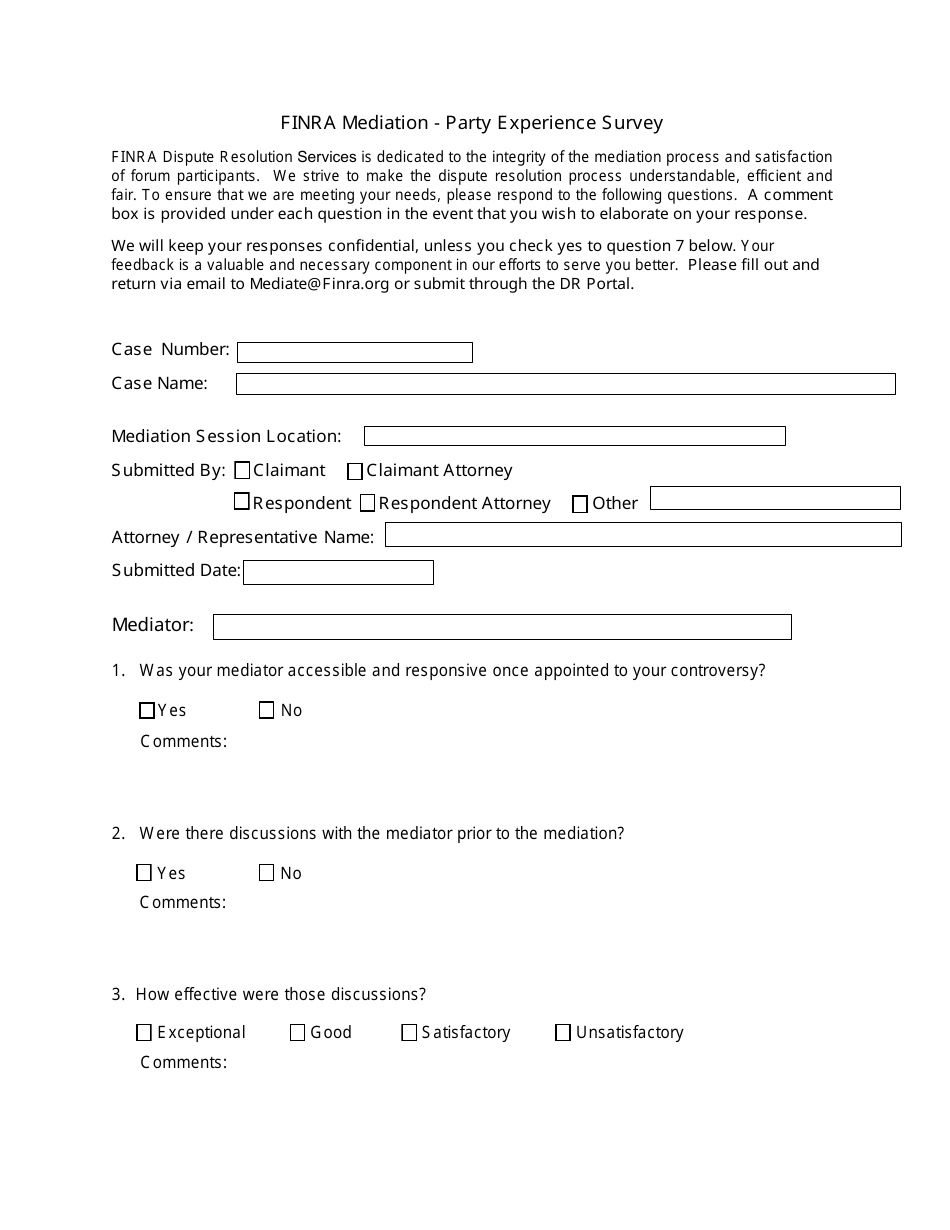 FiNRA Mediation - Party Experience Survey, Page 1
