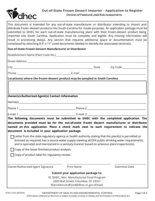 DHEC Form 4404 Out-of-State Frozen Dessert Importer - Application to Register - South Carolina