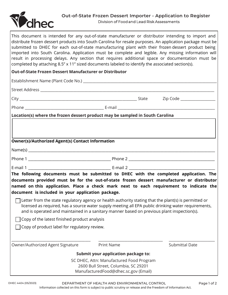 DHEC Form 4404 Out-of-State Frozen Dessert Importer - Application to Register - South Carolina, Page 1