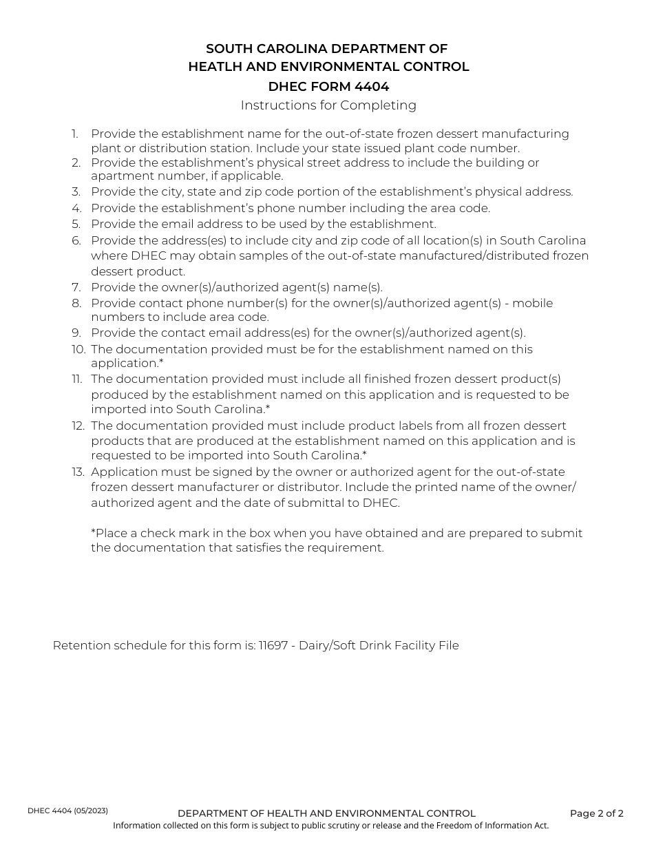 DHEC Form 4404 Out-of-State Frozen Dessert Importer - Application to Register - South Carolina, Page 2