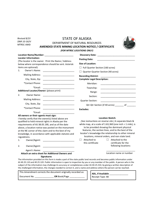 Form DNR10-162V Amended State Mining Location Notice/Certificate (For Mtrsc Locations Only) - Alaska