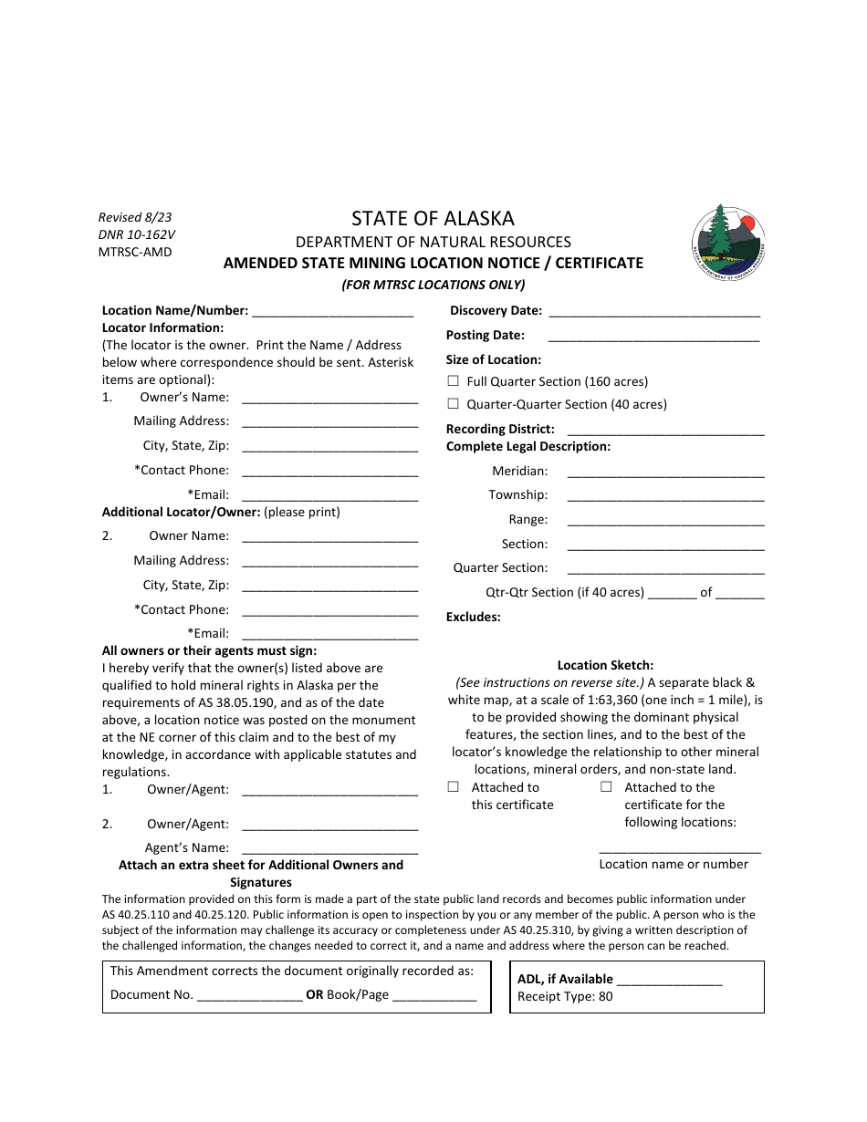 Form DNR10-162V Amended State Mining Location Notice / Certificate (For Mtrsc Locations Only) - Alaska, Page 1