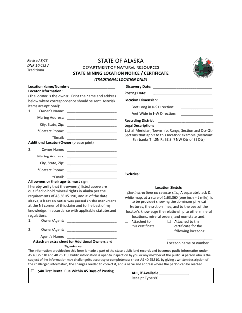 Form DNR10-162V State Mining Location Notice/Certificate (Traditional Location Only) - Alaska