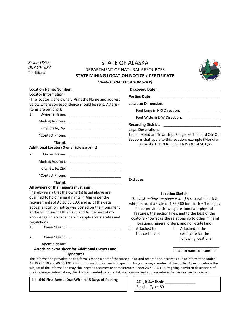 Form DNR10-162V State Mining Location Notice / Certificate (Traditional Location Only) - Alaska, Page 1