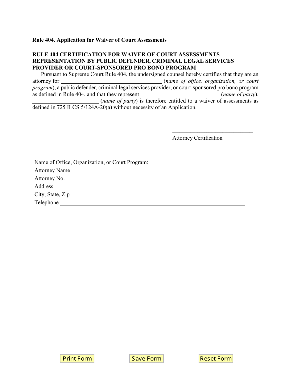 Certification for Waiver of Court Assessments Representation by Public Defender, Criminal Legal Services Provider or Court-Sponsored Pro Bono Program - Illinois, Page 1