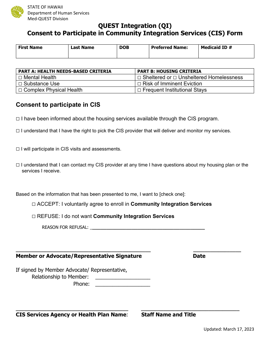 Quest Integration (Qi) Consent to Participate in Community Integration Services (Cis) Form - Hawaii, Page 1