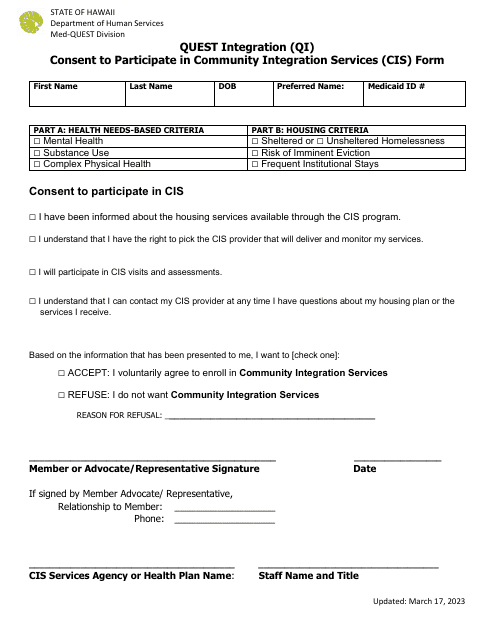 Quest Integration (Qi) Consent to Participate in Community Integration Services (Cis) Form - Hawaii Download Pdf