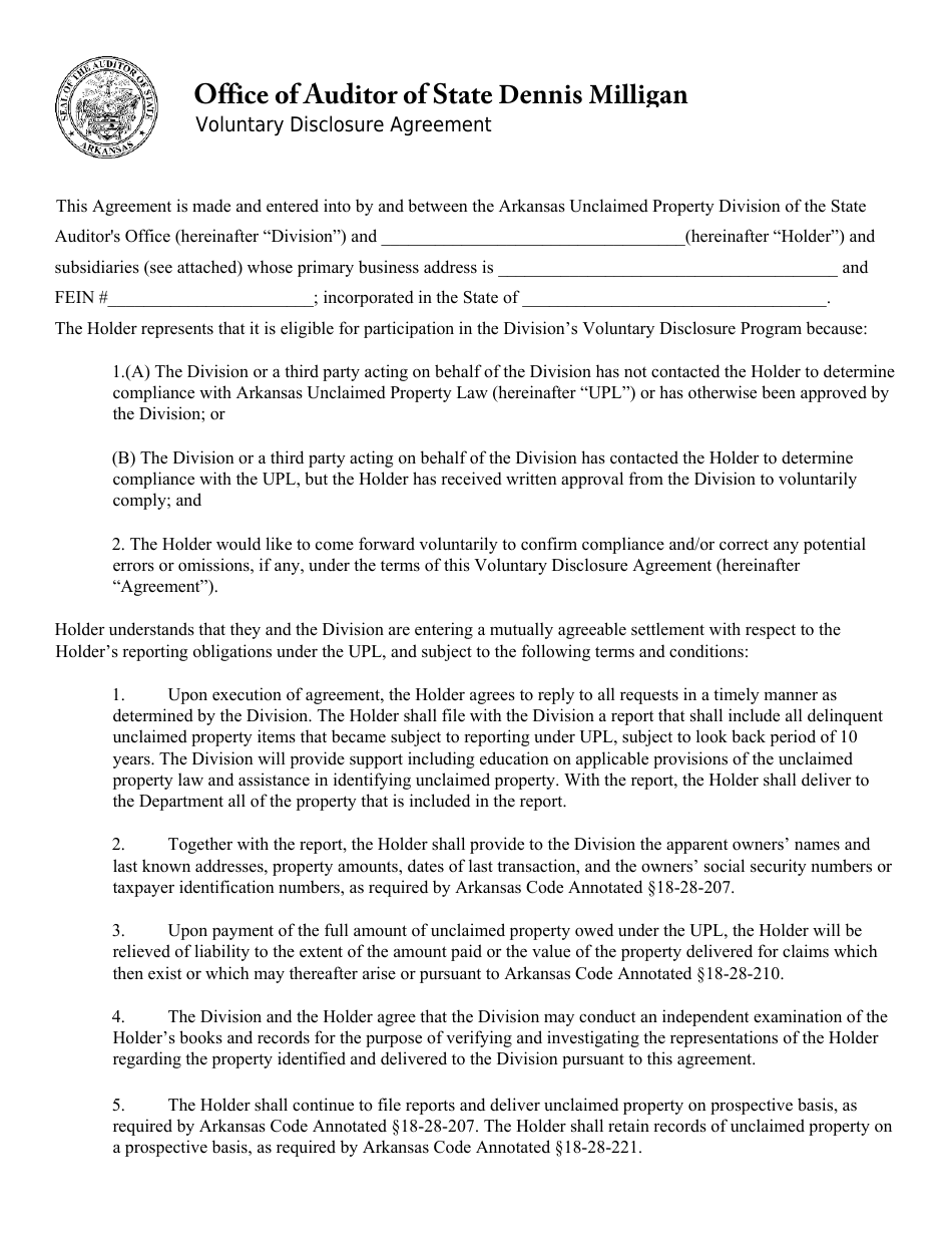 Voluntary Disclosure Agreement - Arkansas, Page 1
