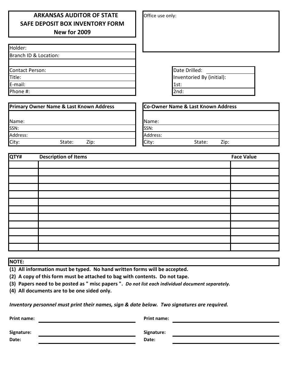 Safe Deposit Box Inventory Form - Arkansas, Page 1