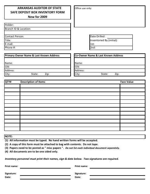 Safe Deposit Box Inventory Form - Arkansas Download Pdf