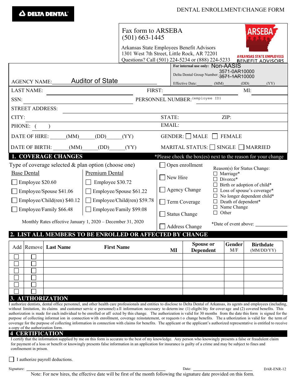 Form DAR-ENR-12 Dental Enrollment / Change Form - Arkansas, Page 1