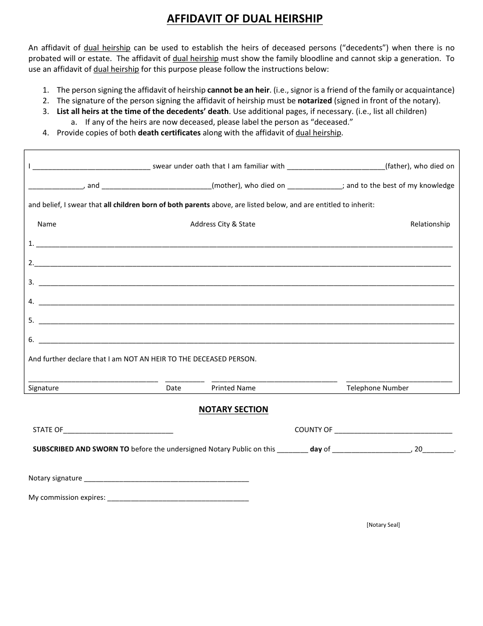 Arkansas Affidavit of Dual Heirship - Fill Out, Sign Online and ...