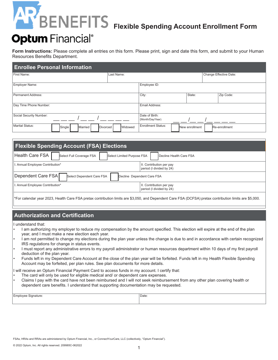Flexible Spending Account Enrollment Form - Arkansas, Page 1