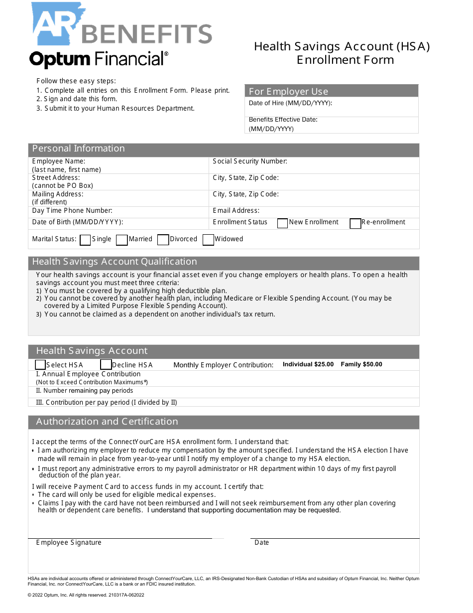 Health Savings Account (Hsa) Enrollment Form - Arkansas, Page 1