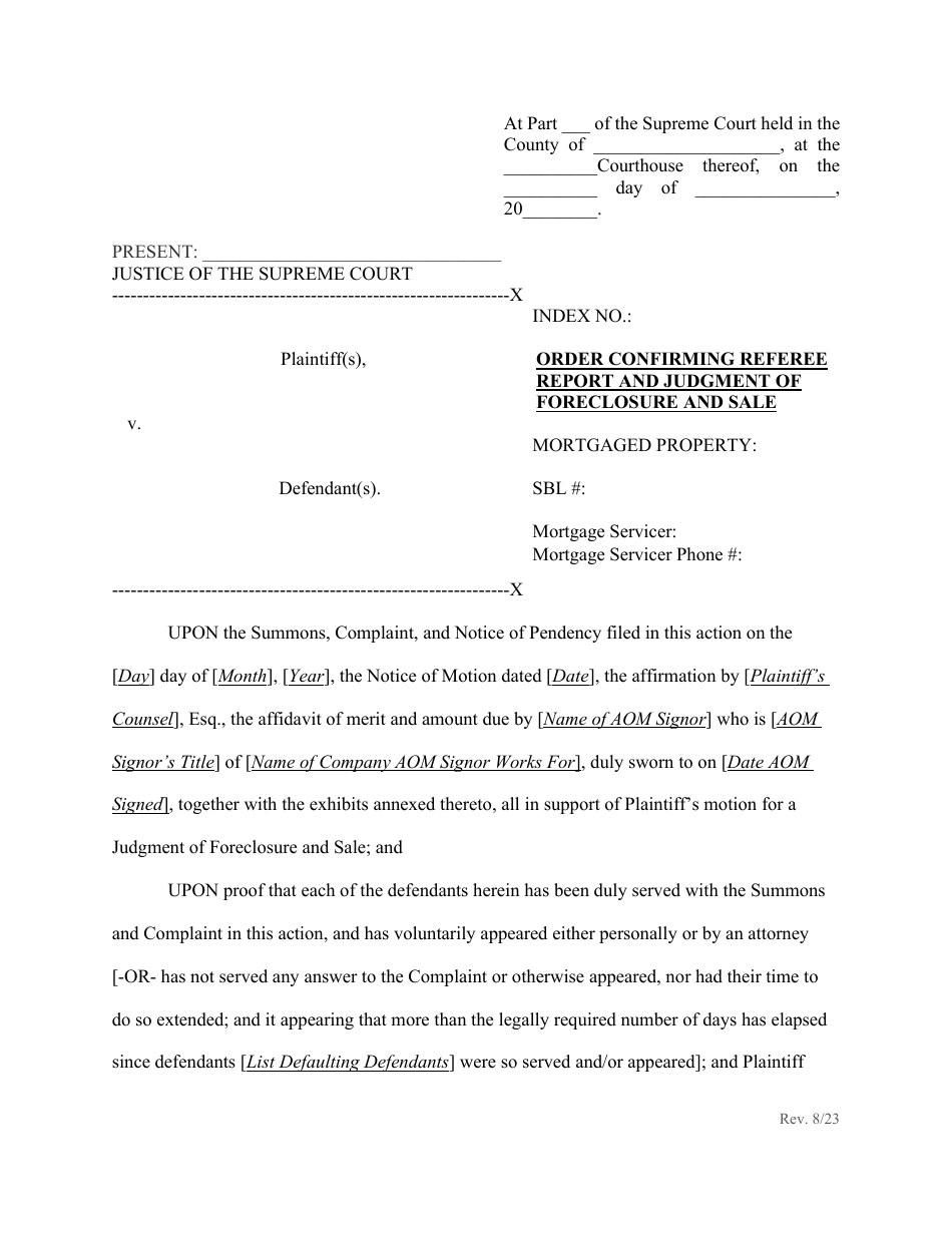 Order Confirming Referee Report and Judgment of Foreclosure and Sale - New York, Page 1