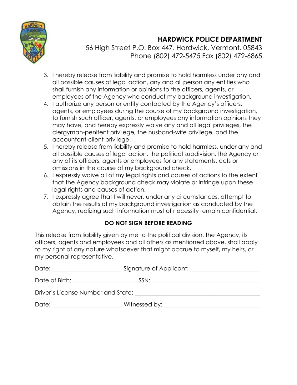 Police Officer Employment Application Packet - Hardwick Town, Vermont, Page 10