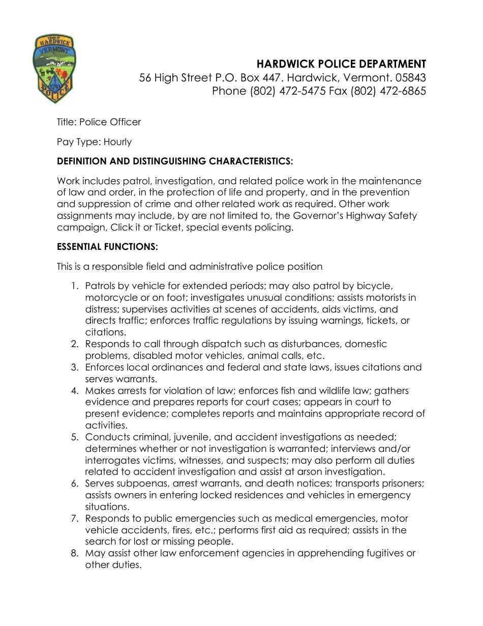 Hardwick Town, Vermont Police Officer Employment Application Packet ...