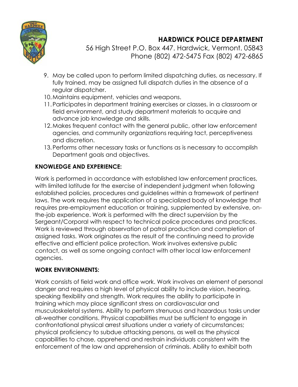 Police Officer Employment Application Packet - Hardwick Town, Vermont, Page 12