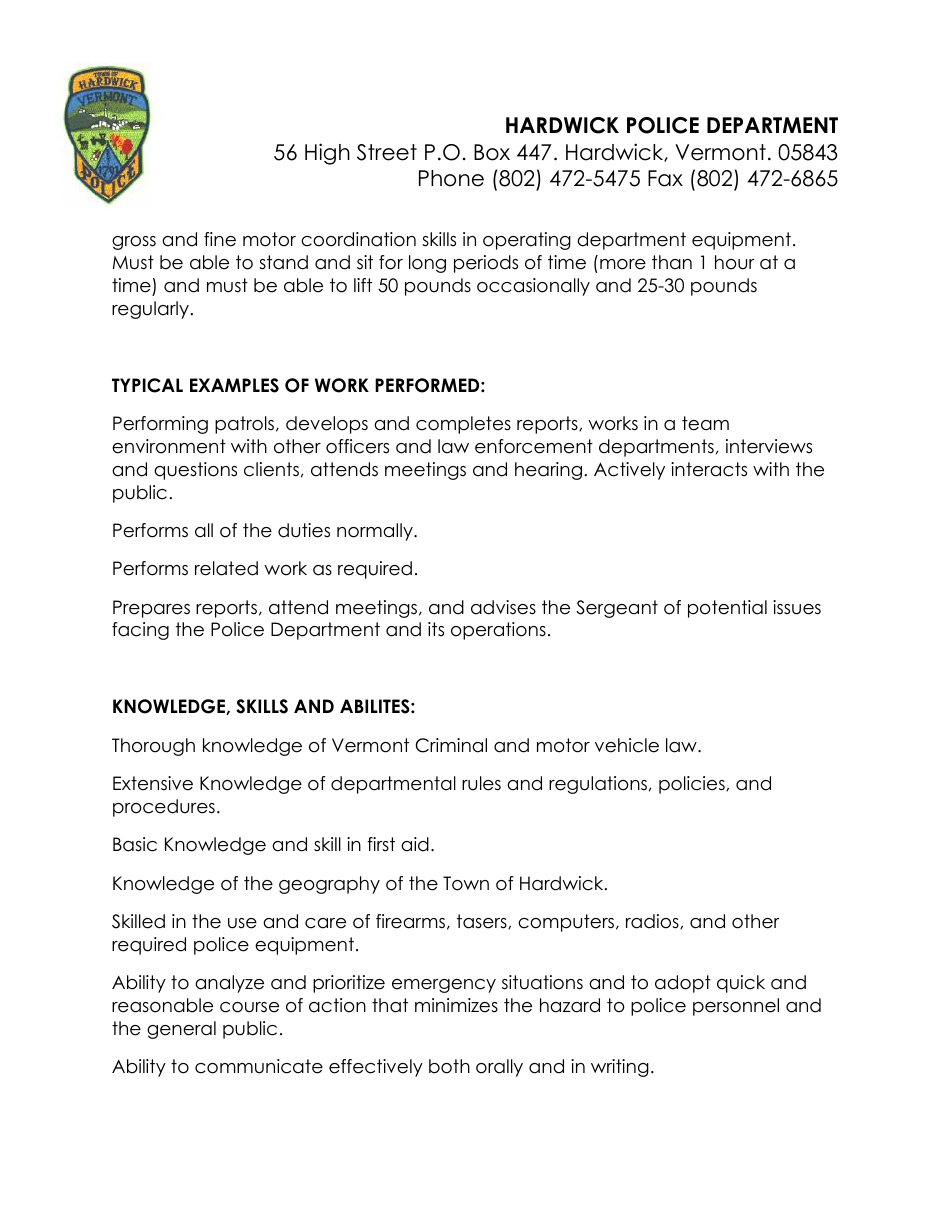 Police Officer Employment Application Packet - Hardwick Town, Vermont, Page 13