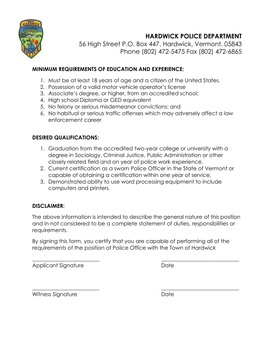 Police Officer Employment Application Packet - Hardwick Town, Vermont, Page 14