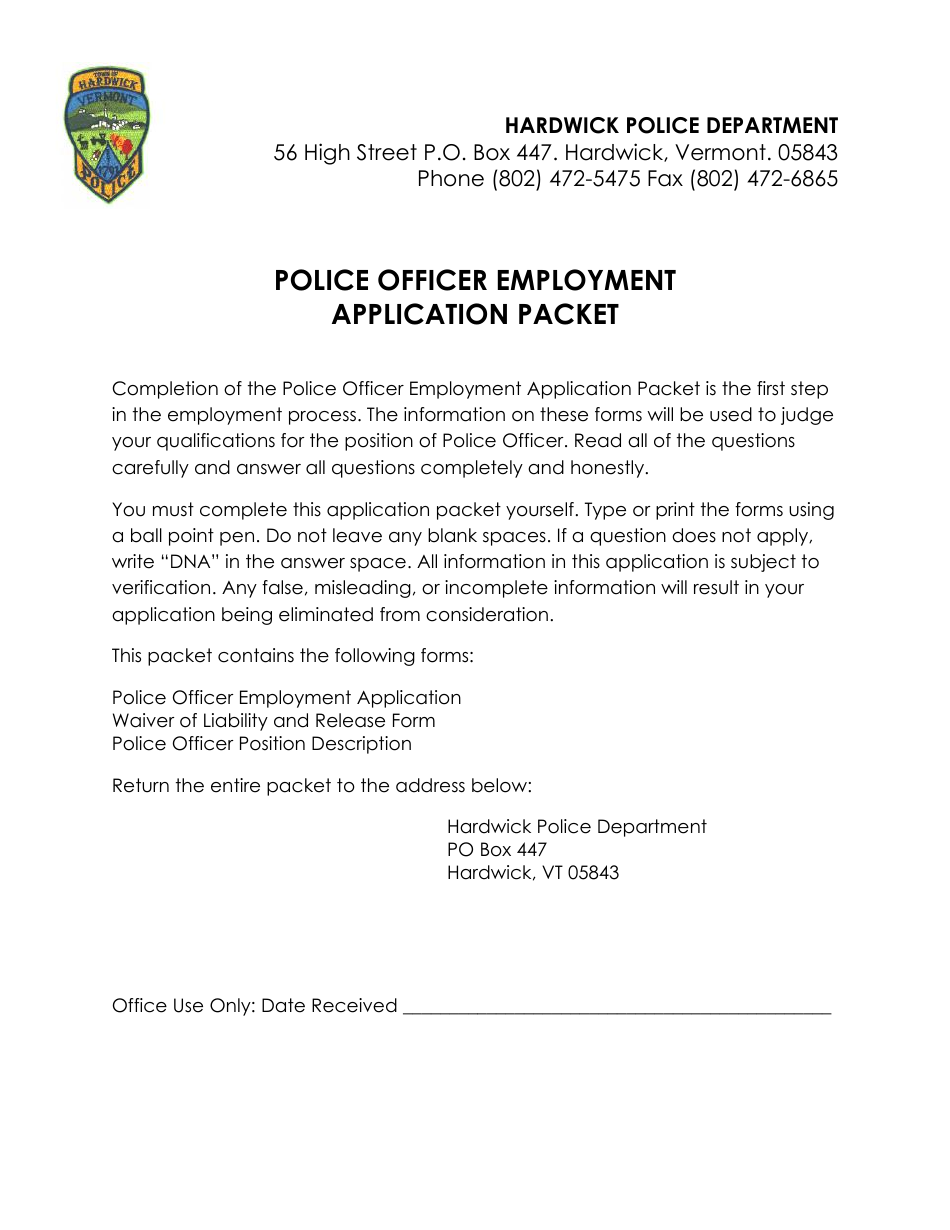 Police Officer Employment Application Packet - Hardwick Town, Vermont, Page 1