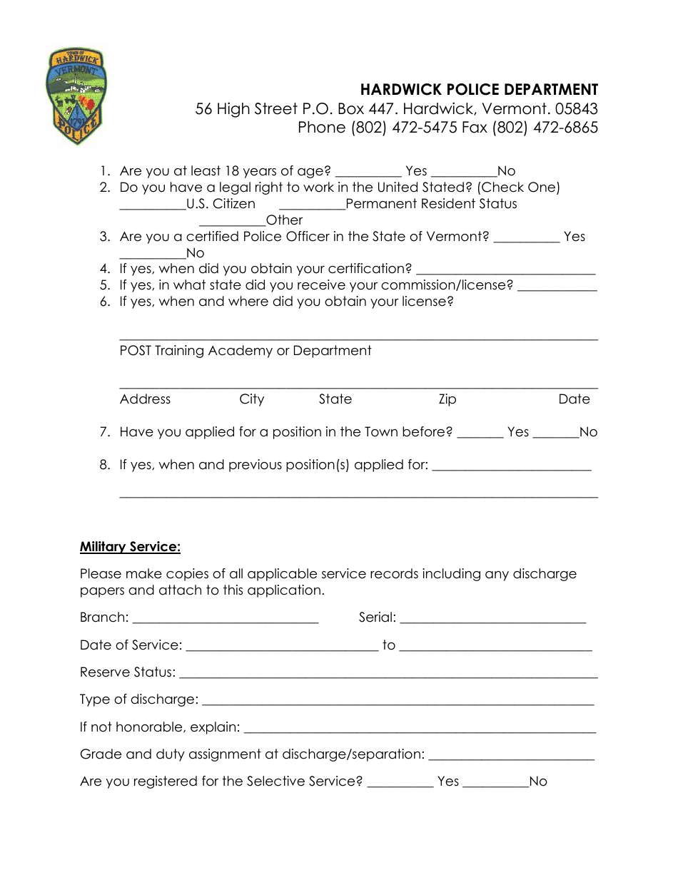 Police Officer Employment Application Packet - Hardwick Town, Vermont, Page 3