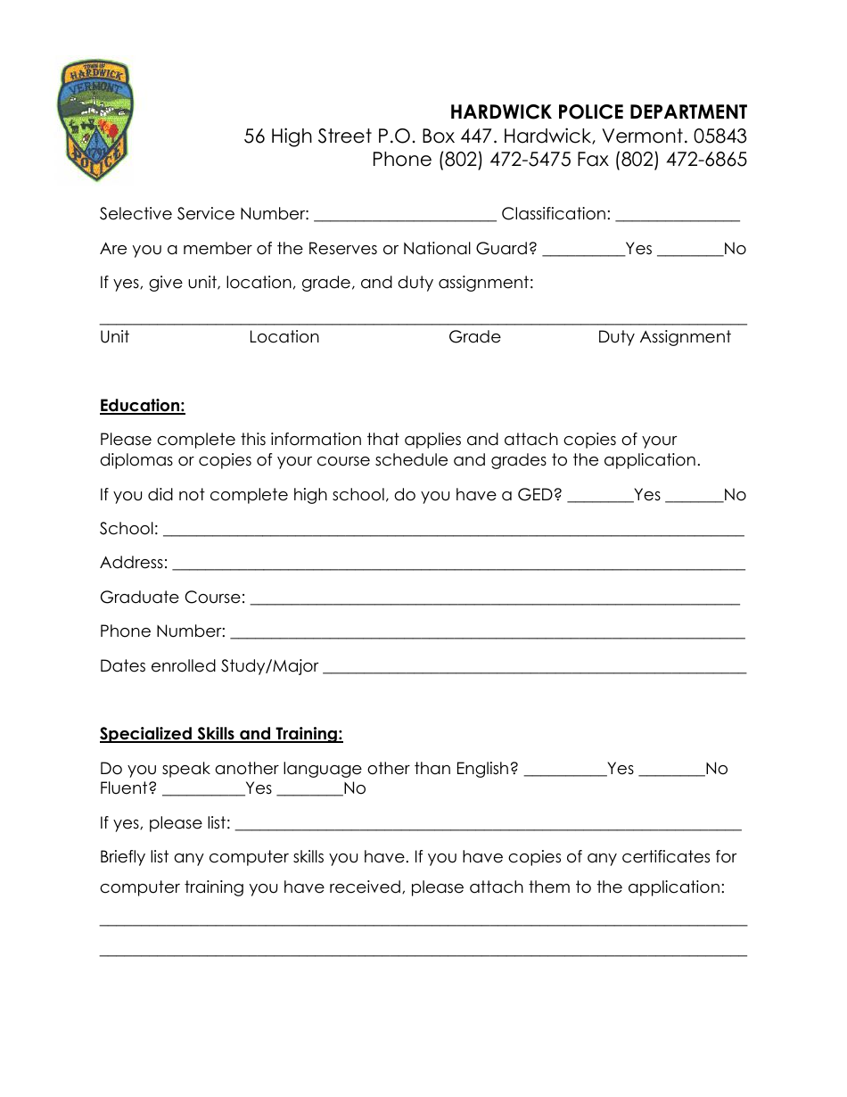 Police Officer Employment Application Packet - Hardwick Town, Vermont, Page 4