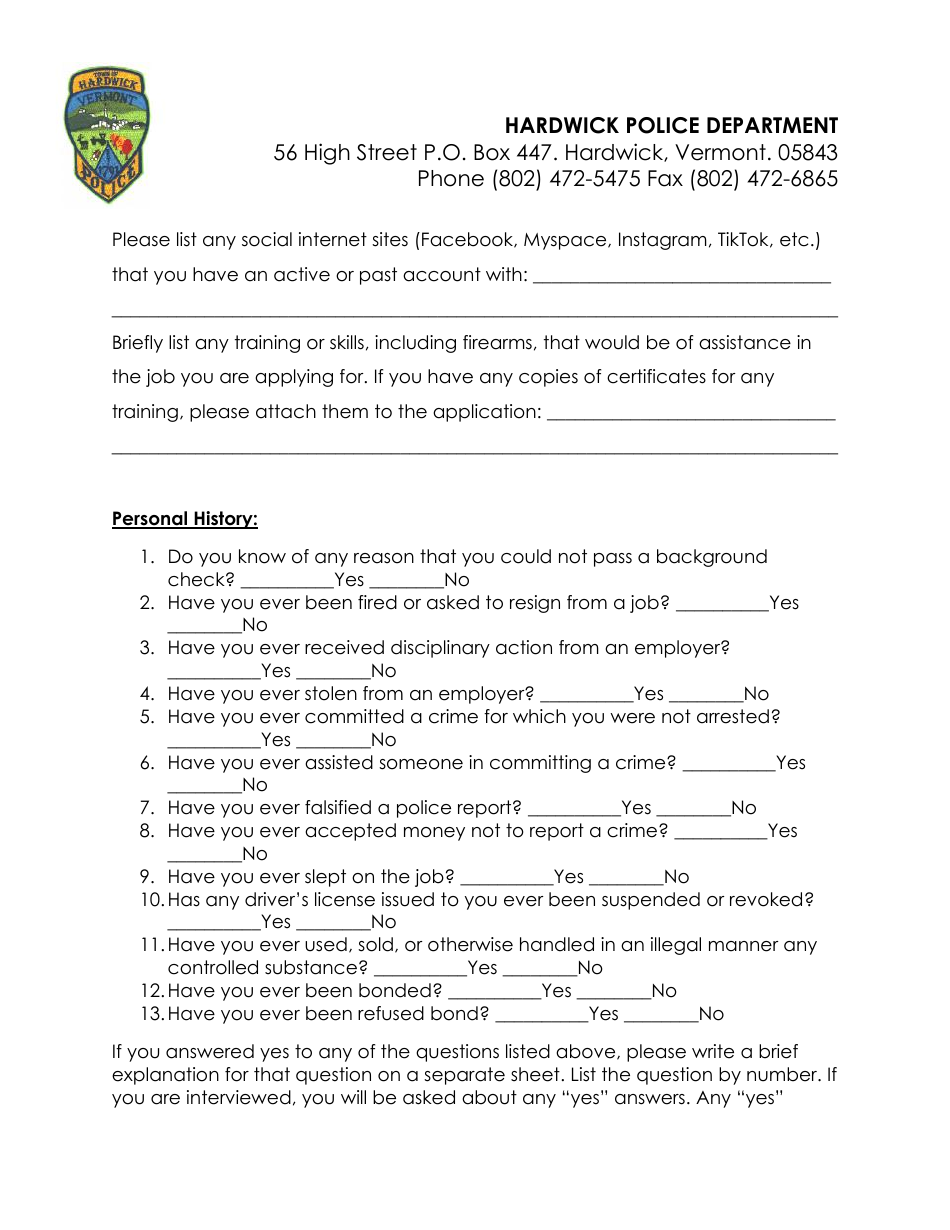 Police Officer Employment Application Packet - Hardwick Town, Vermont, Page 5