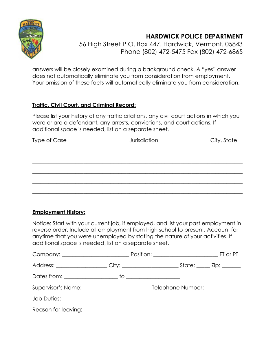 Police Officer Employment Application Packet - Hardwick Town, Vermont, Page 6