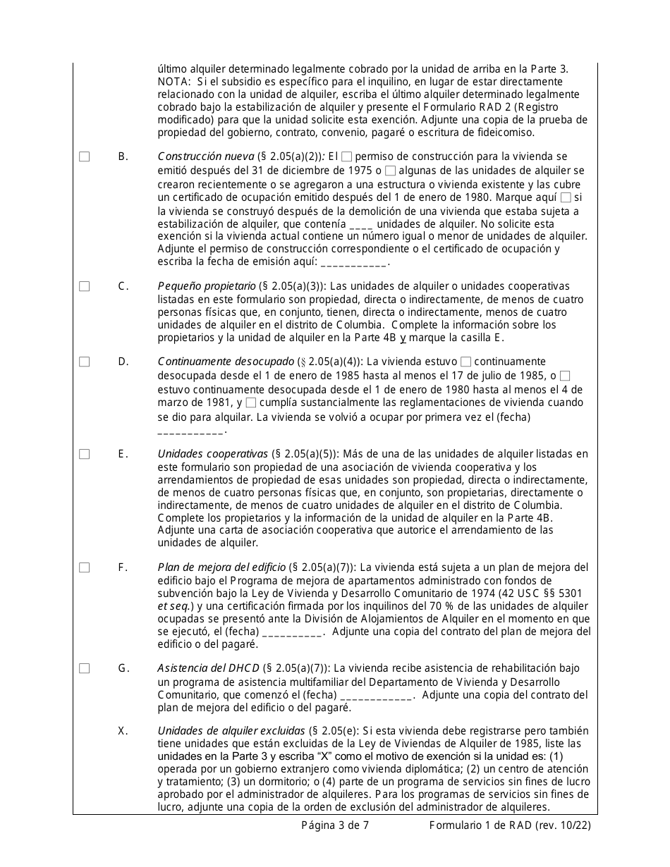 RAD Formulario 1 Registro O Solicitud De Exencion Para La Vivienda - Washington, D.C. (Spanish), Page 3