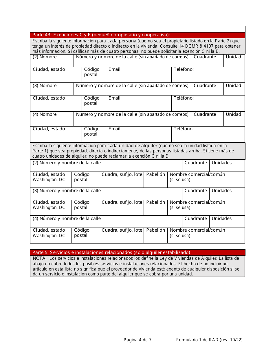 RAD Formulario 1 Registro O Solicitud De Exencion Para La Vivienda - Washington, D.C. (Spanish), Page 4