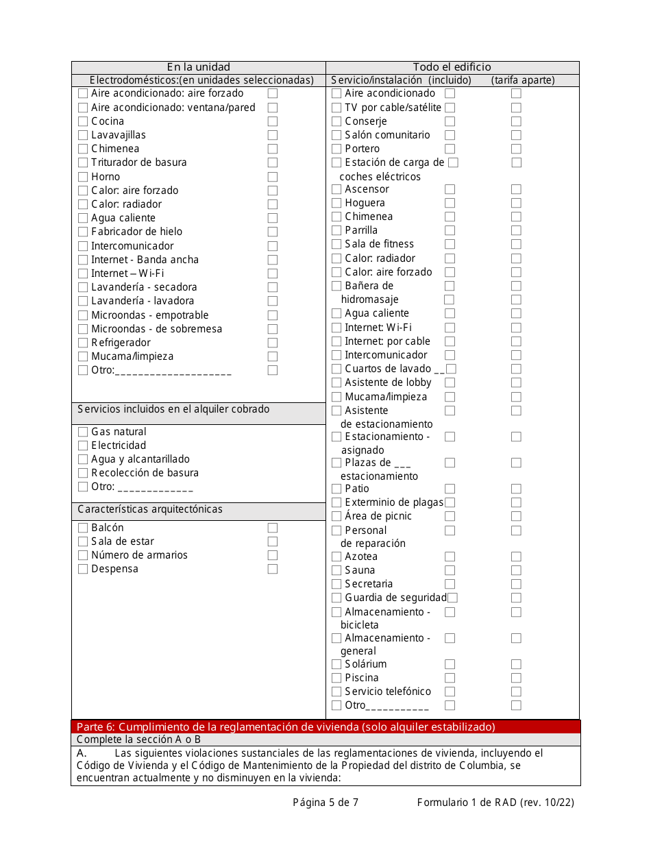 RAD Formulario 1 Registro O Solicitud De Exencion Para La Vivienda - Washington, D.C. (Spanish), Page 5