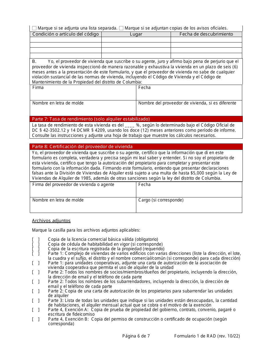 RAD Formulario 1 Registro O Solicitud De Exencion Para La Vivienda - Washington, D.C. (Spanish), Page 6